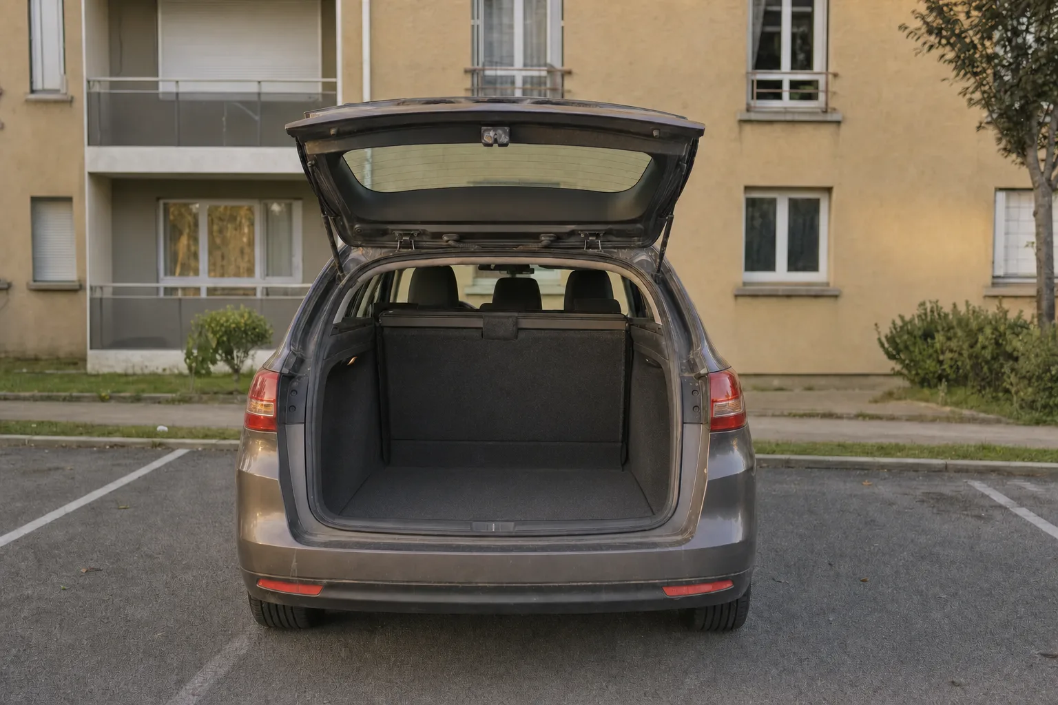 Remise en état de coffre à domicile à Marseille — le même coffre après intervention : moquette aspirée et détachée, seuil propre.