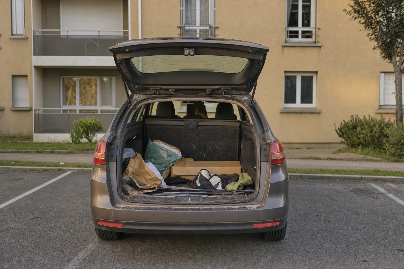 Remise en état de coffre à domicile à Marseille — coffre avant intervention : moquette tachée, poils et sable incrustés, objets en désordre.