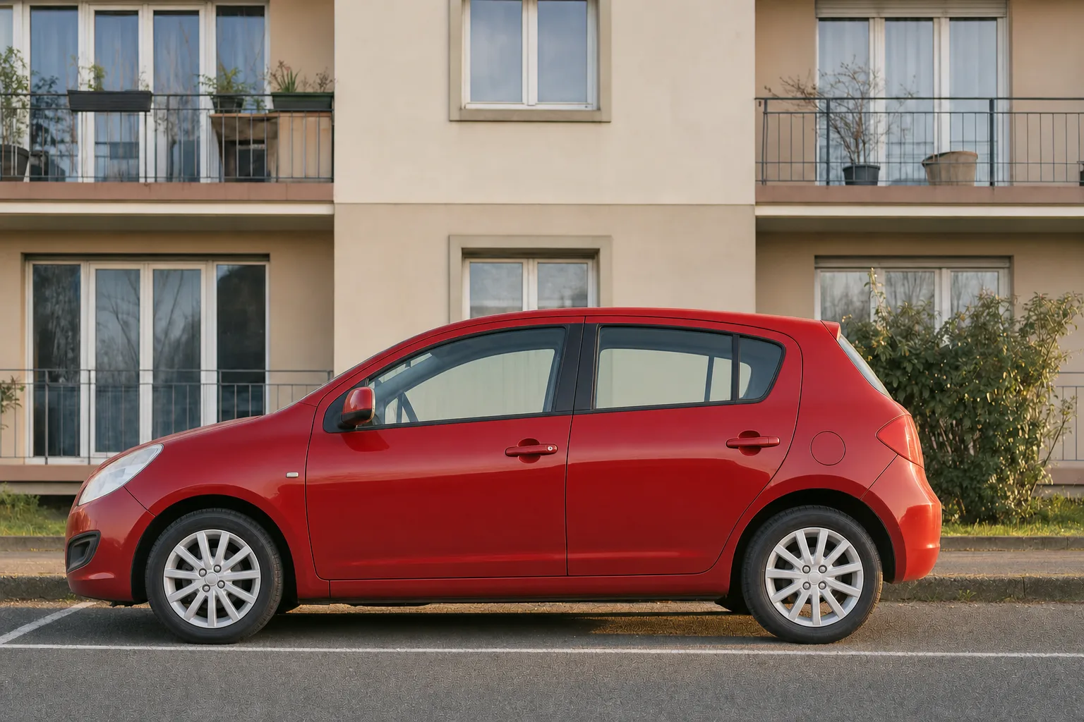 Lavage extérieur de voiture à domicile à Marseille — le même flanc après intervention : peinture propre, jante claire, vitres nettes.