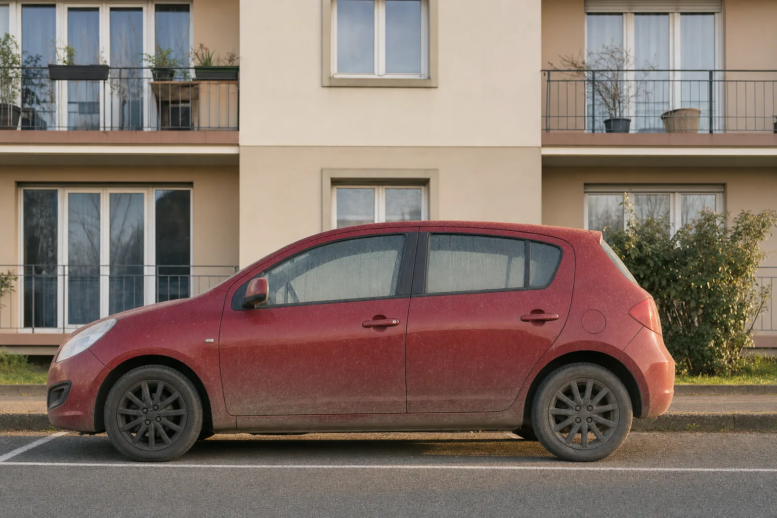 Lavage extérieur de voiture à domicile à Marseille — flanc avant intervention : carrosserie poussiéreuse, bas de caisse sale, jante noircie.