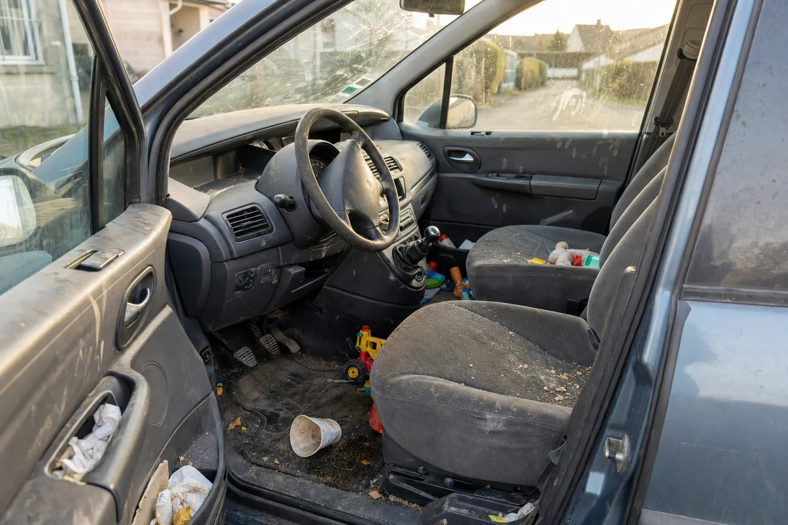 Nettoyage intérieur de voiture à domicile à Brest — habitacle avant intervention : sièges tachés, tapis maculés, déchets au sol.