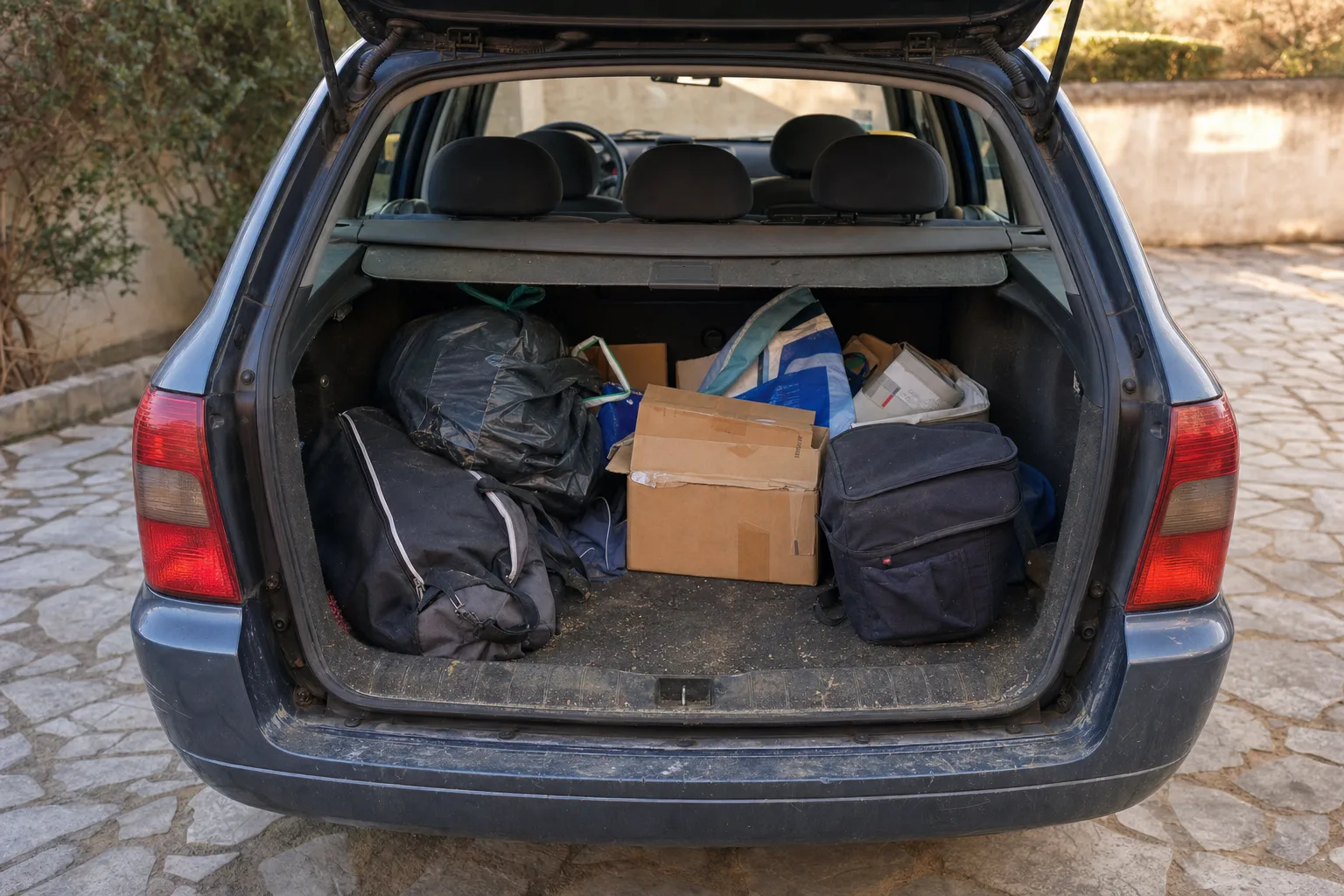 Remise en état de coffre à domicile à Toulouse — coffre avant intervention : moquette tachée, poils et sable incrustés, objets en désordre.