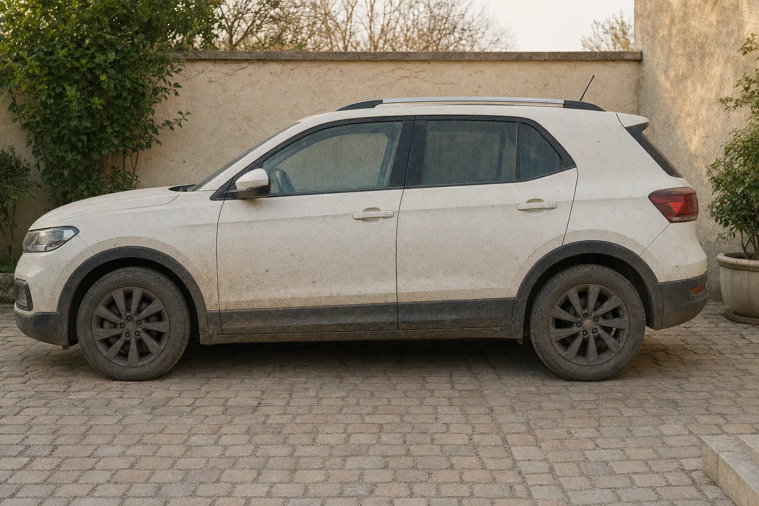 Lavage extérieur de voiture à domicile à Toulouse — flanc avant intervention : carrosserie poussiéreuse, bas de caisse sale, jante noircie.