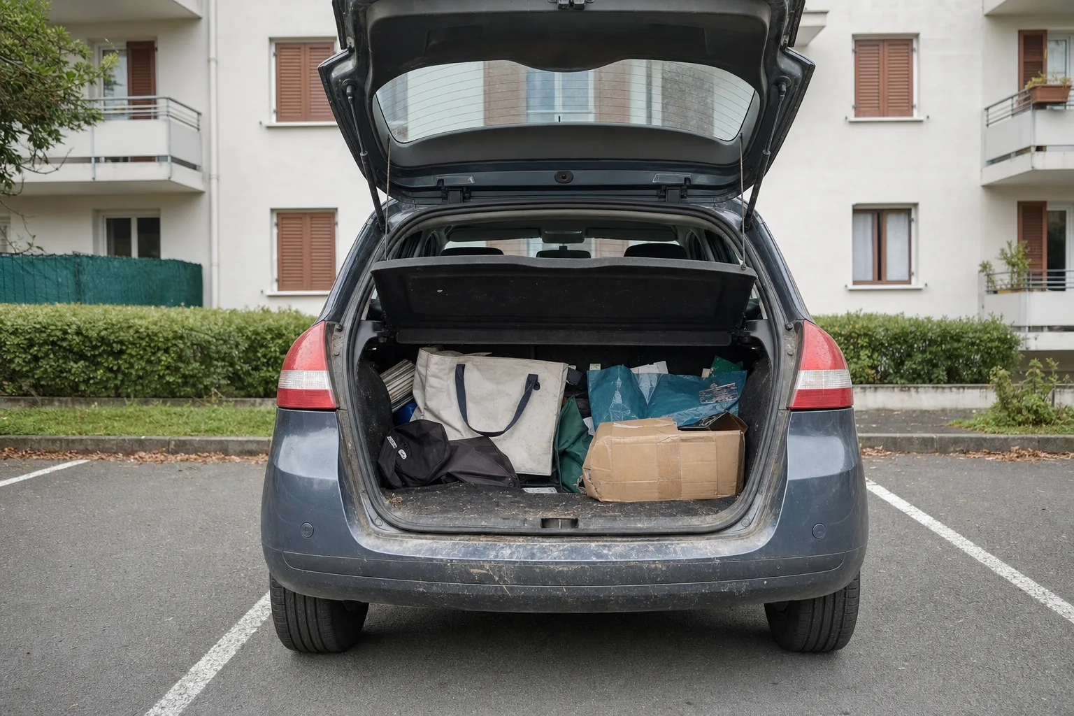 Remise en état de coffre à domicile à Rennes — coffre avant intervention : moquette tachée, poils et sable incrustés, objets en désordre.