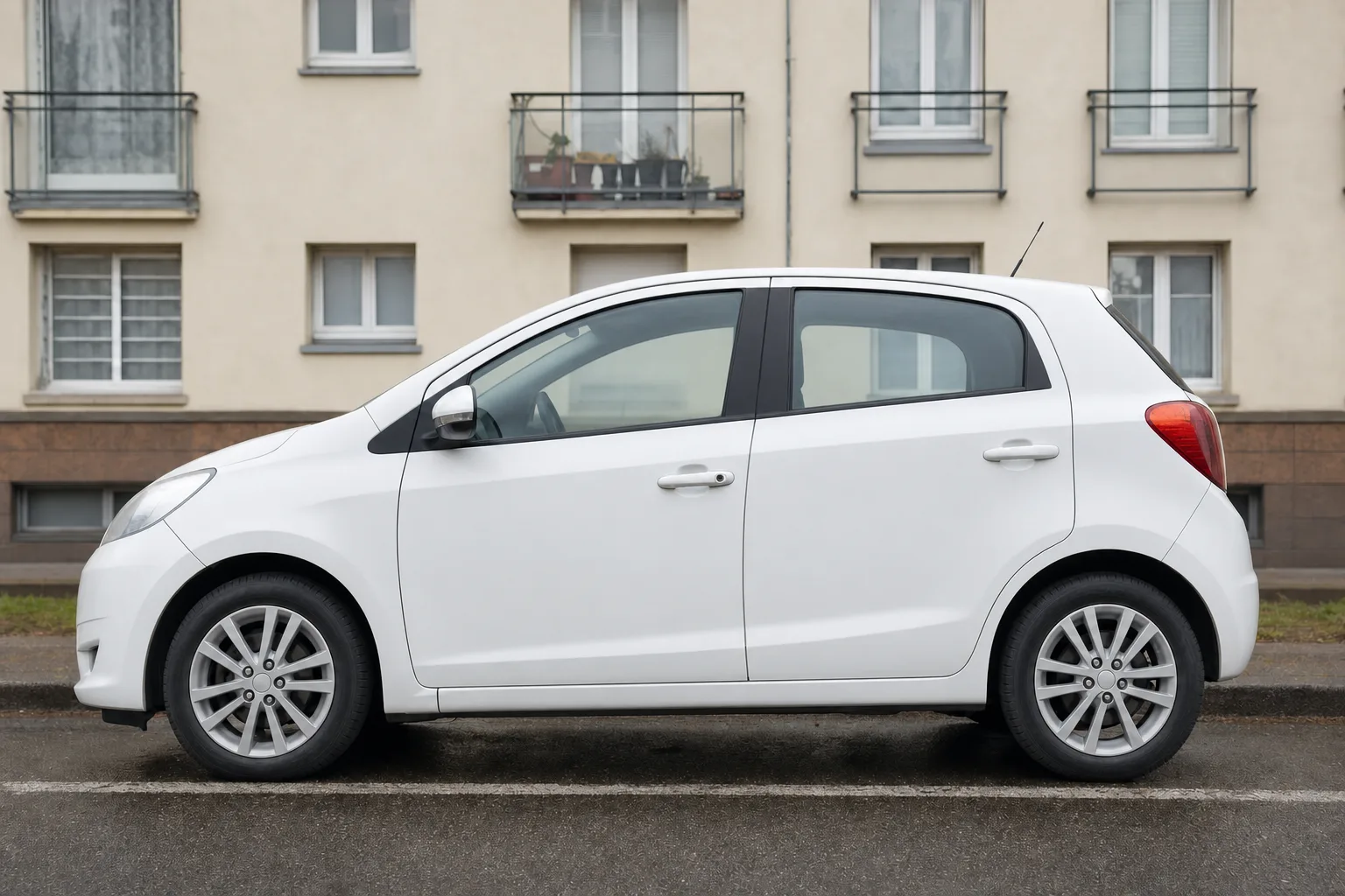 Lavage extérieur de voiture à domicile à Rennes — le même flanc après intervention : peinture propre, jante claire, vitres nettes.
