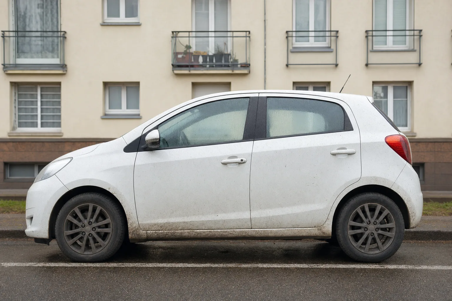 Lavage extérieur de voiture à domicile à Rennes — flanc avant intervention : carrosserie poussiéreuse, bas de caisse sale, jante noircie.