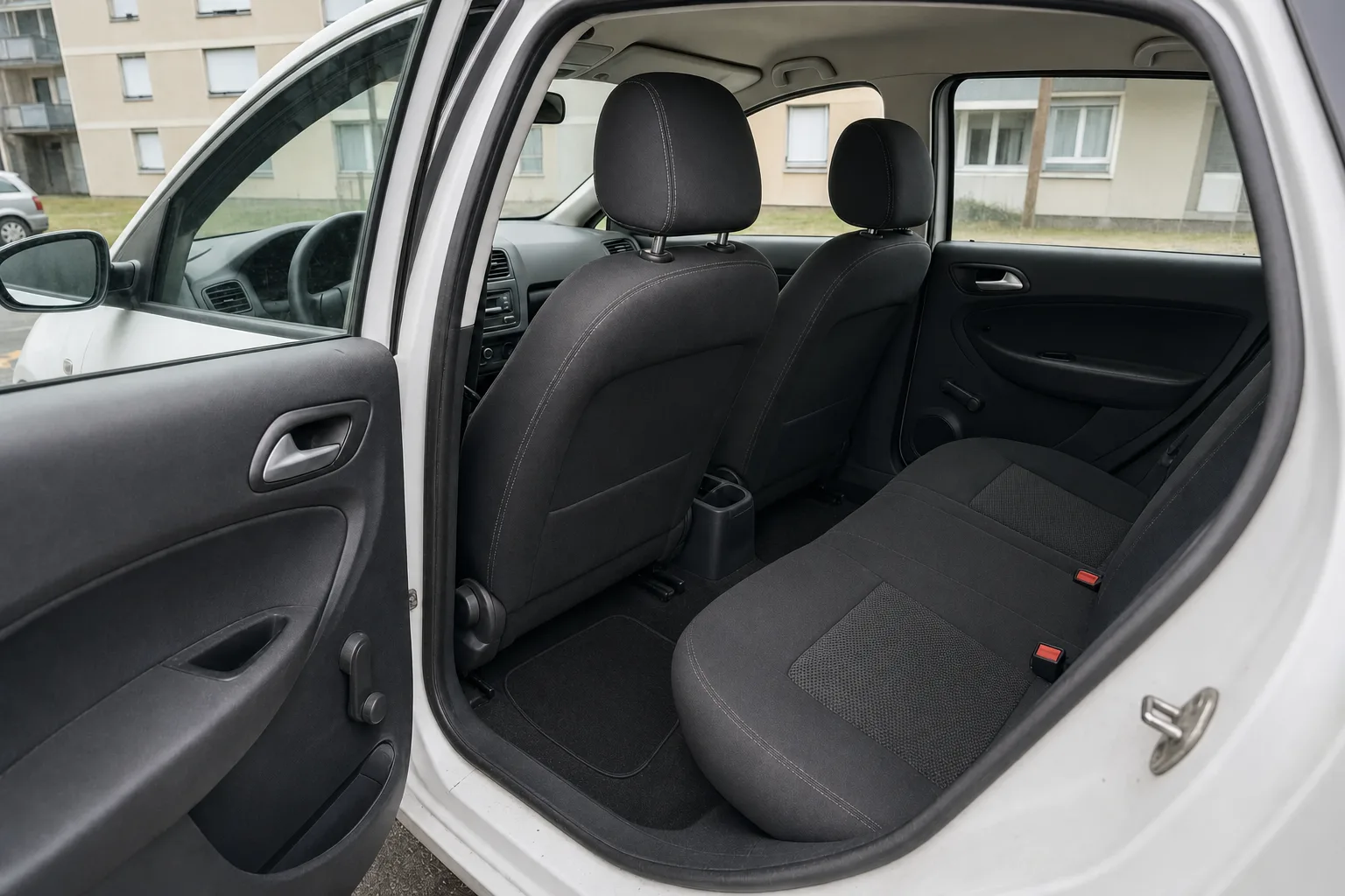 Nettoyage intérieur de voiture à domicile à Rennes — le même habitacle après intervention : sièges détachés, tapis brossés, plastiques dépoussiérés.