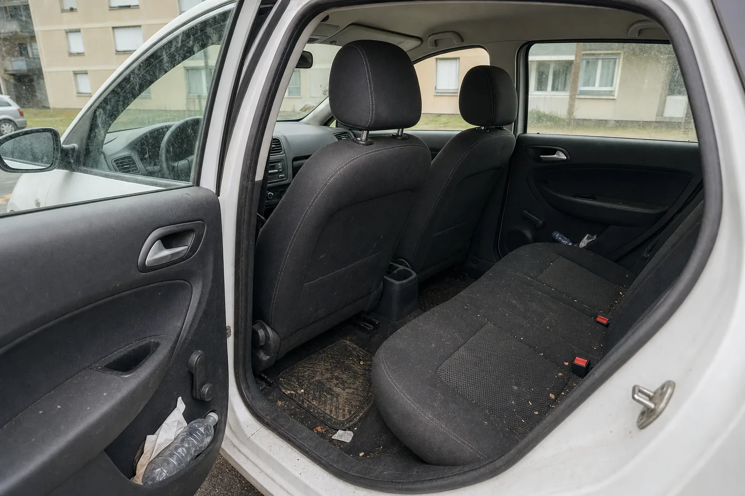 Nettoyage intérieur de voiture à domicile à Rennes — habitacle avant intervention : sièges en tissu tachés, tapis maculés, déchets au sol.