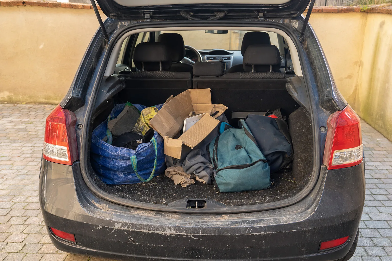 Remise en état de coffre à domicile à Tours — coffre avant intervention : moquette tachée, poils et sable incrustés, objets en désordre.