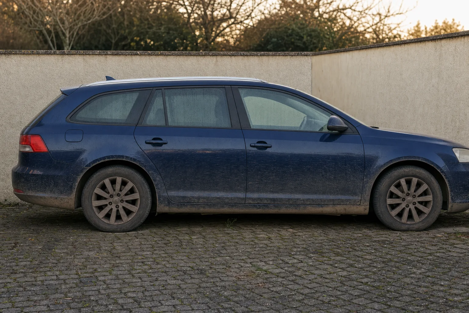Lavage extérieur de voiture à domicile à Tours — flanc avant intervention : carrosserie poussiéreuse, bas de caisse sale, jante noircie.