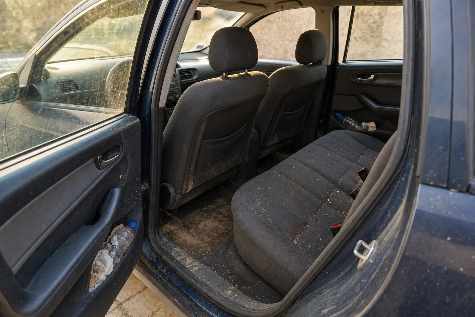 Nettoyage intérieur de voiture à domicile à Tours — habitacle avant intervention : sièges en tissu tachés, tapis maculés, déchets au sol.