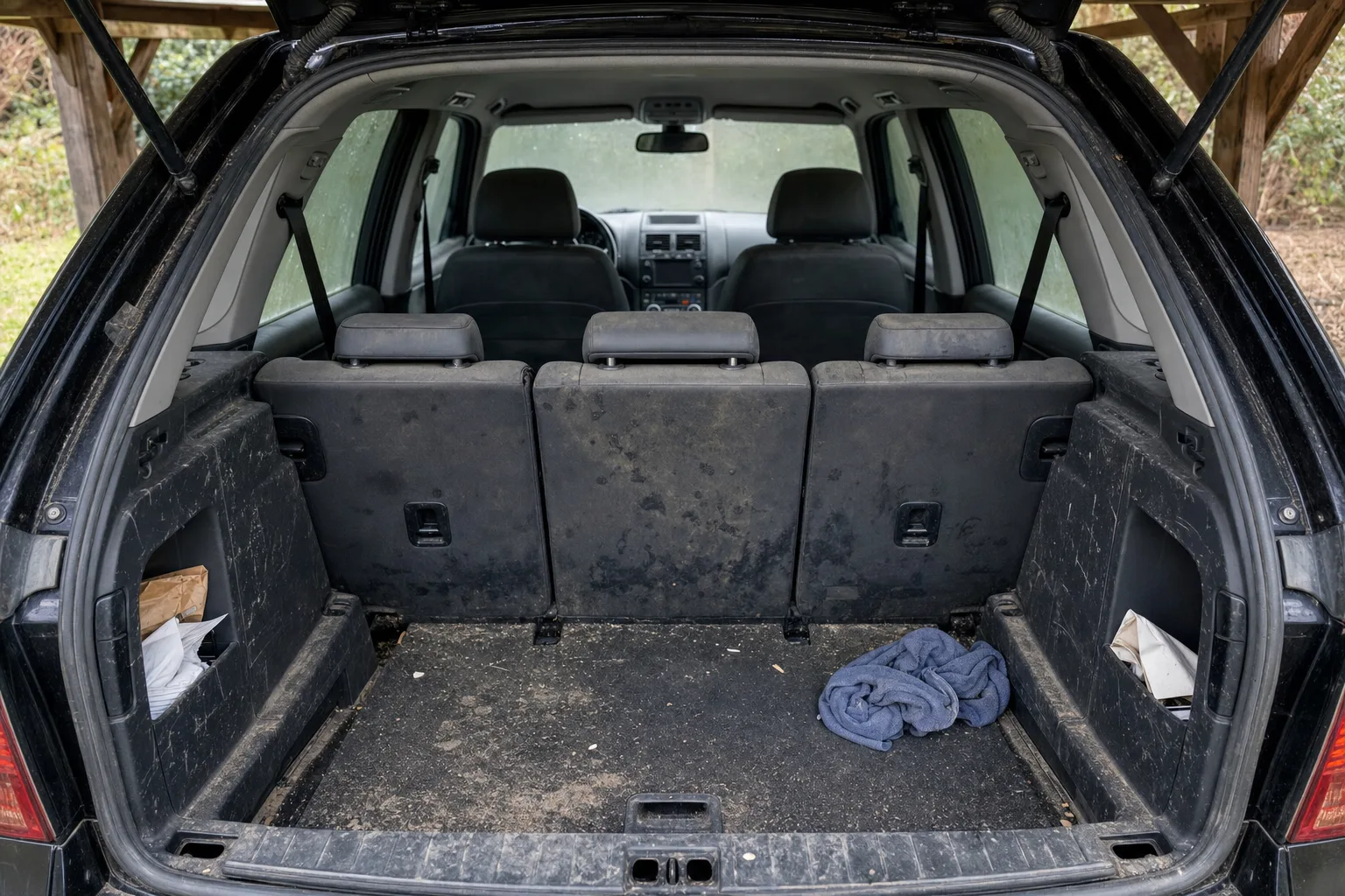 Nettoyage intérieur de voiture à domicile à Nantes — habitacle avant intervention : sièges tachés, tapis maculés, déchets au sol.