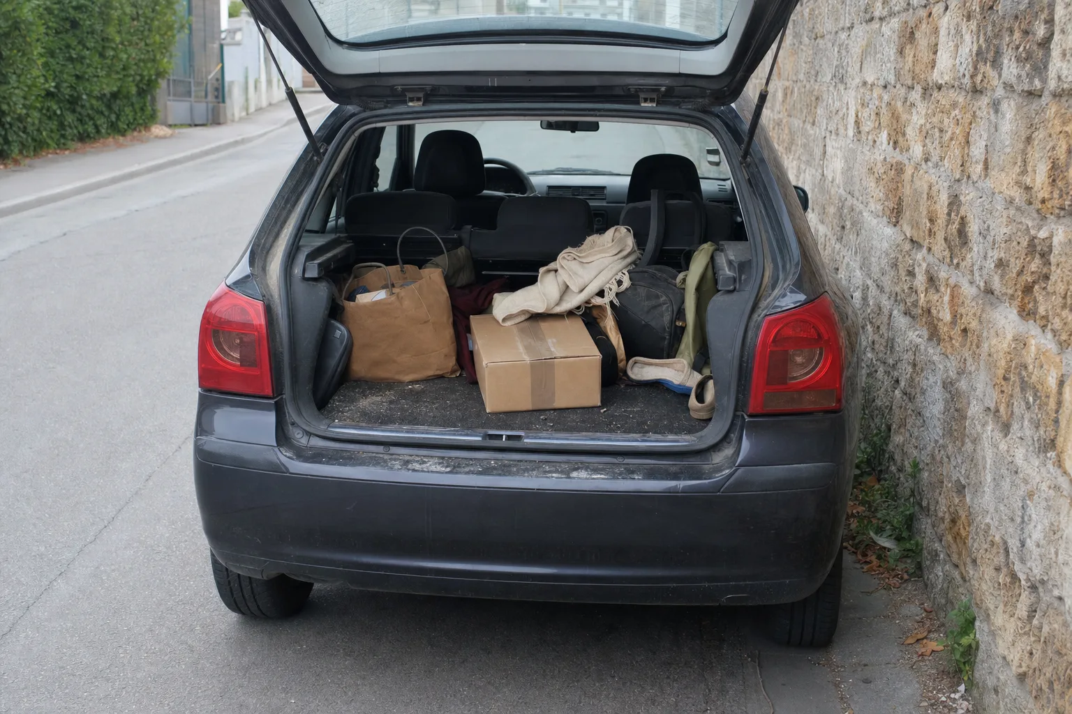 Remise en état de coffre à domicile à Orléans — coffre avant intervention : moquette tachée, poils et sable incrustés, objets en désordre.