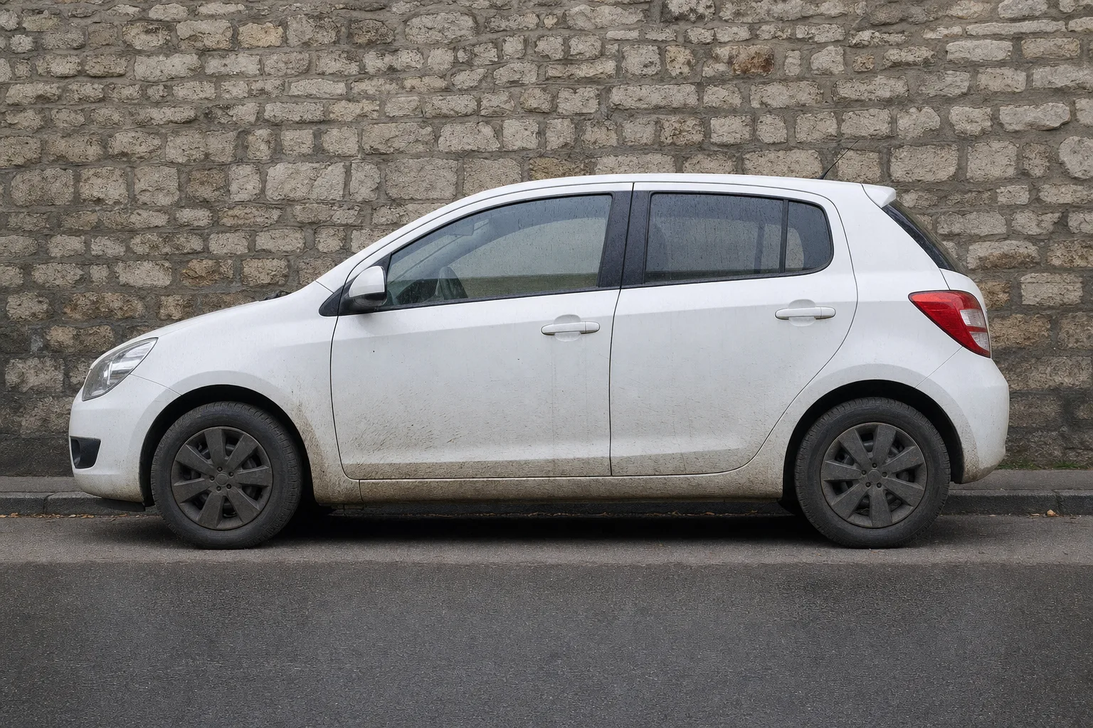 Lavage extérieur de voiture à domicile à Orléans — flanc avant intervention : carrosserie poussiéreuse, bas de caisse sale, jante noircie.