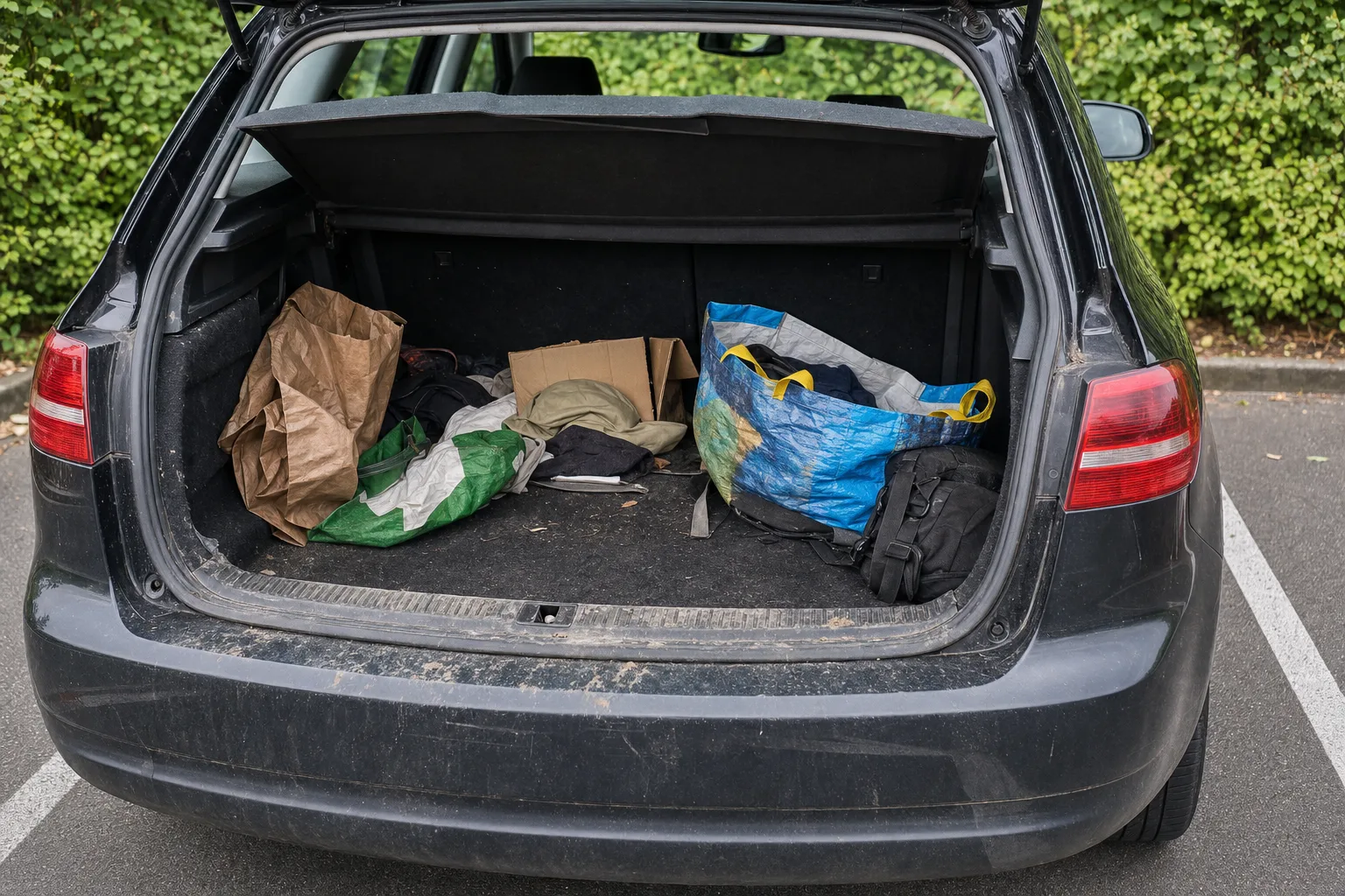 Remise en état de coffre à domicile à Lille — coffre avant intervention : moquette tachée, poils et sable incrustés, objets en désordre.
