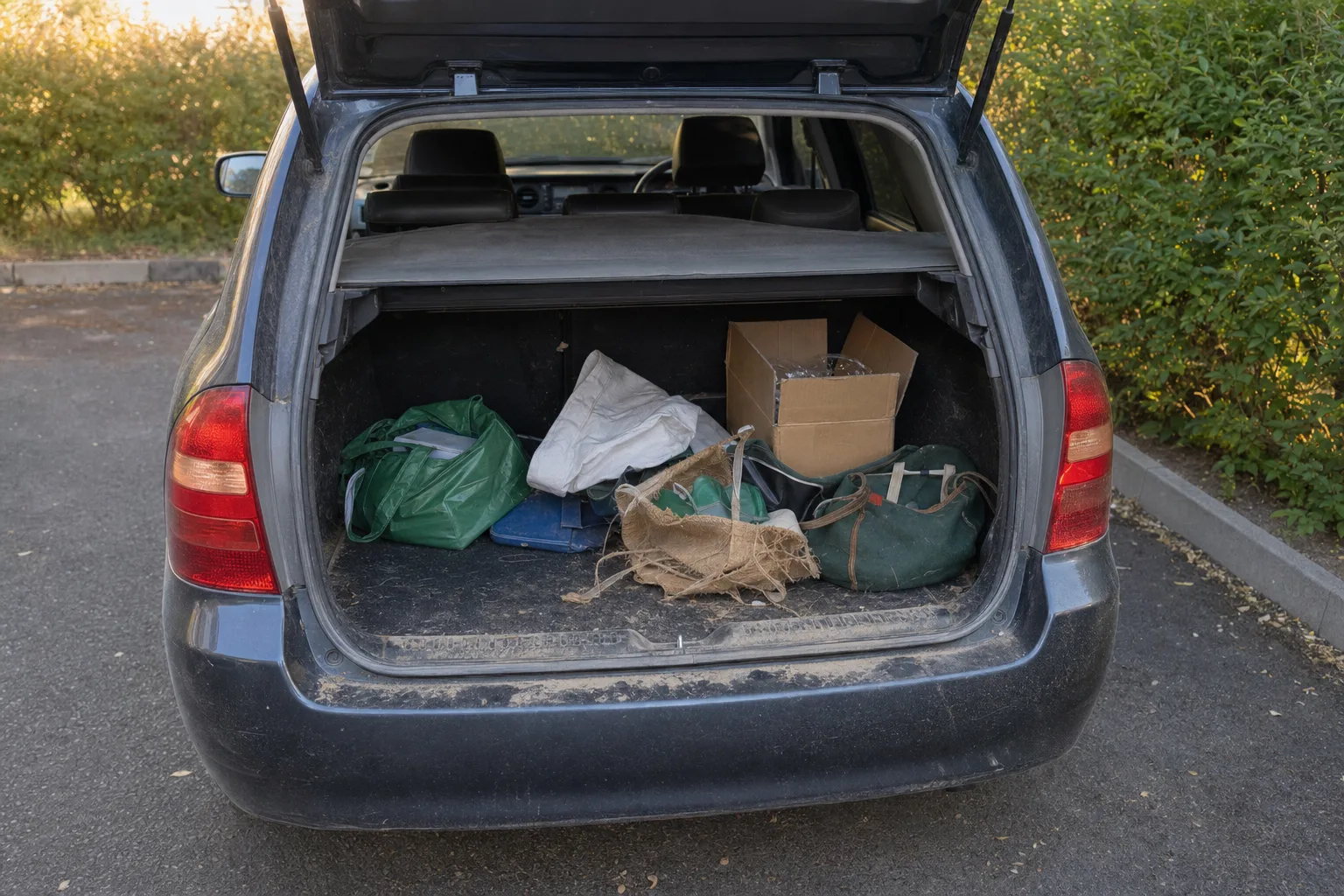 Remise en état de coffre à domicile à Perpignan — coffre avant intervention : moquette tachée, poils et sable incrustés, objets en désordre.