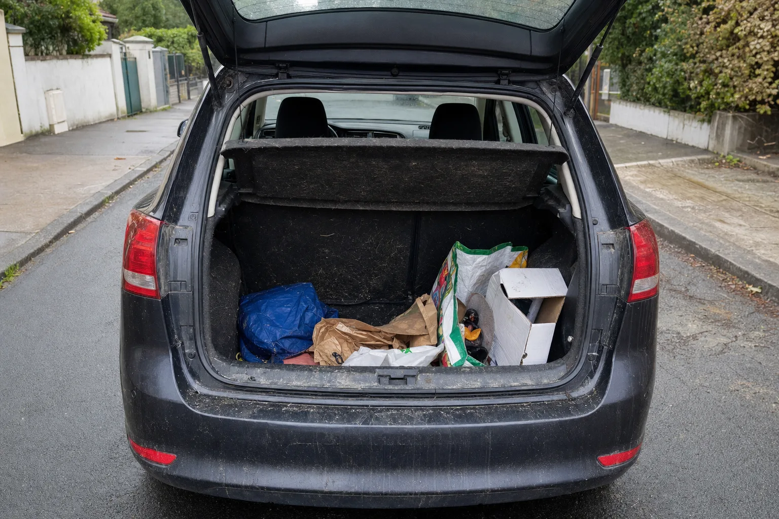 Remise en état de coffre à domicile à Lyon — coffre avant intervention : moquette tachée, poils et sable incrustés, objets en désordre.
