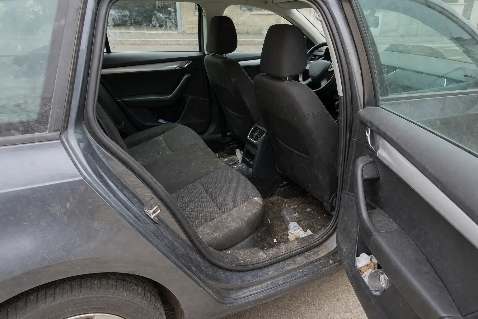 Nettoyage intérieur de voiture à domicile à Lyon — habitacle avant intervention : sièges en tissu tachés, tapis maculés, déchets au sol.