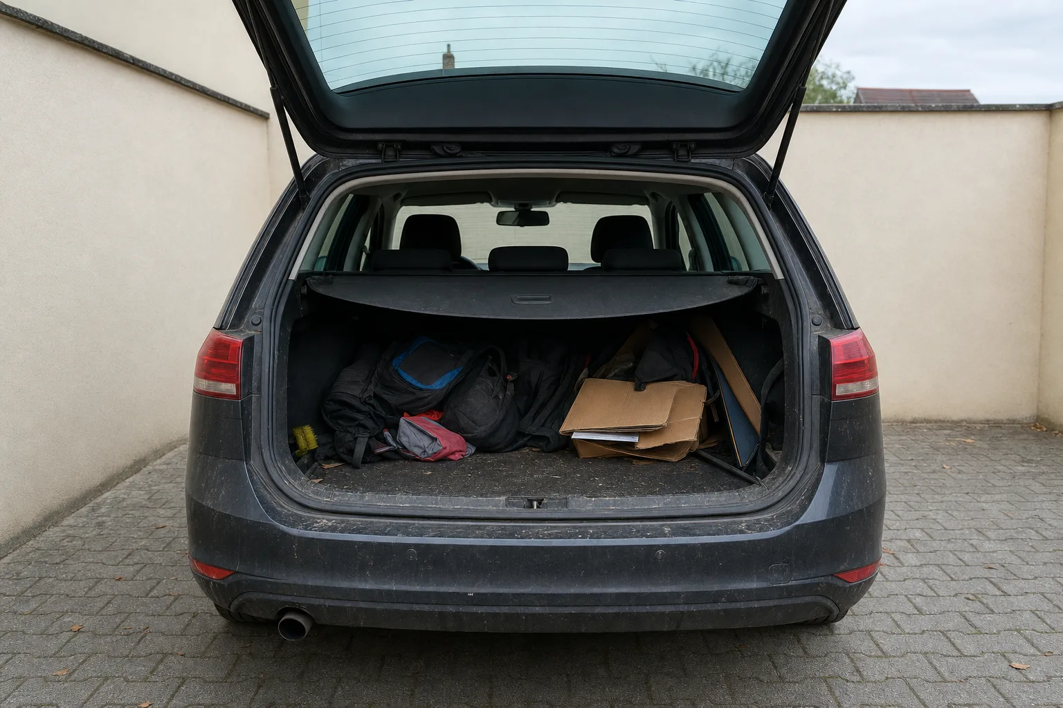 Remise en état de coffre à domicile à Rouen — coffre avant intervention : moquette tachée, poils et sable incrustés, objets en désordre.