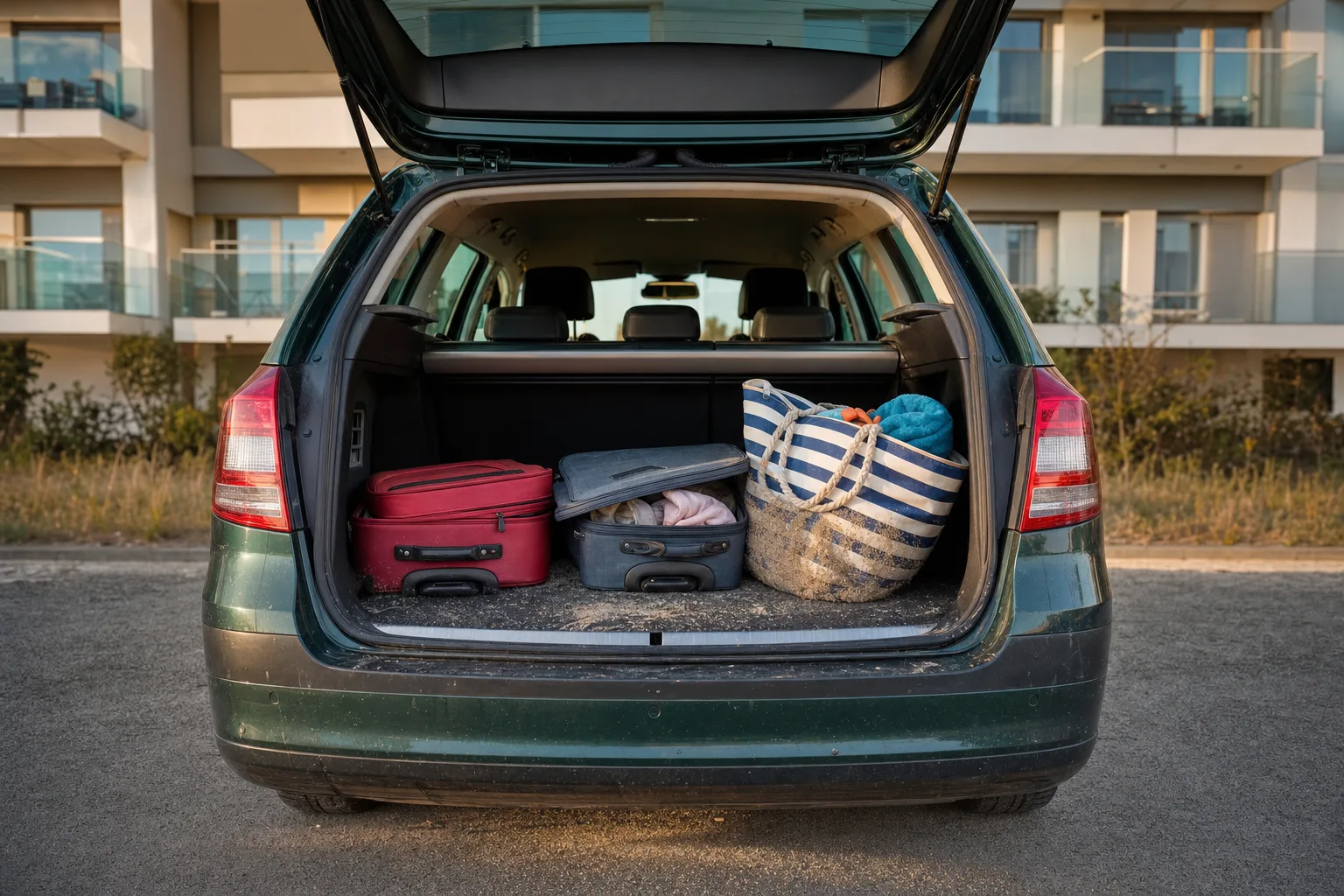 Remise en état de coffre à domicile à Toulon — coffre avant intervention : moquette tachée, poils et sable incrustés, objets en désordre.