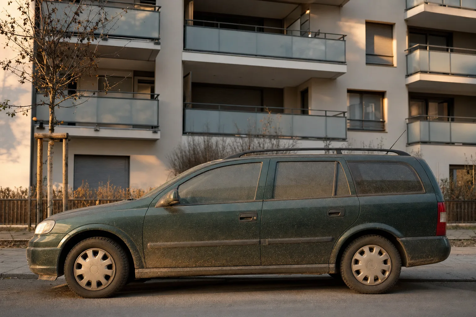 Lavage extérieur de voiture à domicile à Toulon — véhicule avant intervention : carrosserie sale, vitres ternes, jantes encrassées.