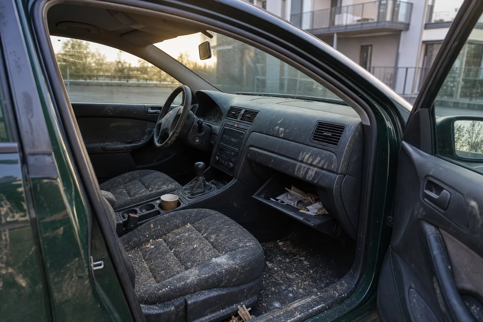 Nettoyage intérieur de voiture à domicile à Toulon — habitacle avant intervention : sièges tachés, tapis maculés, déchets au sol.
