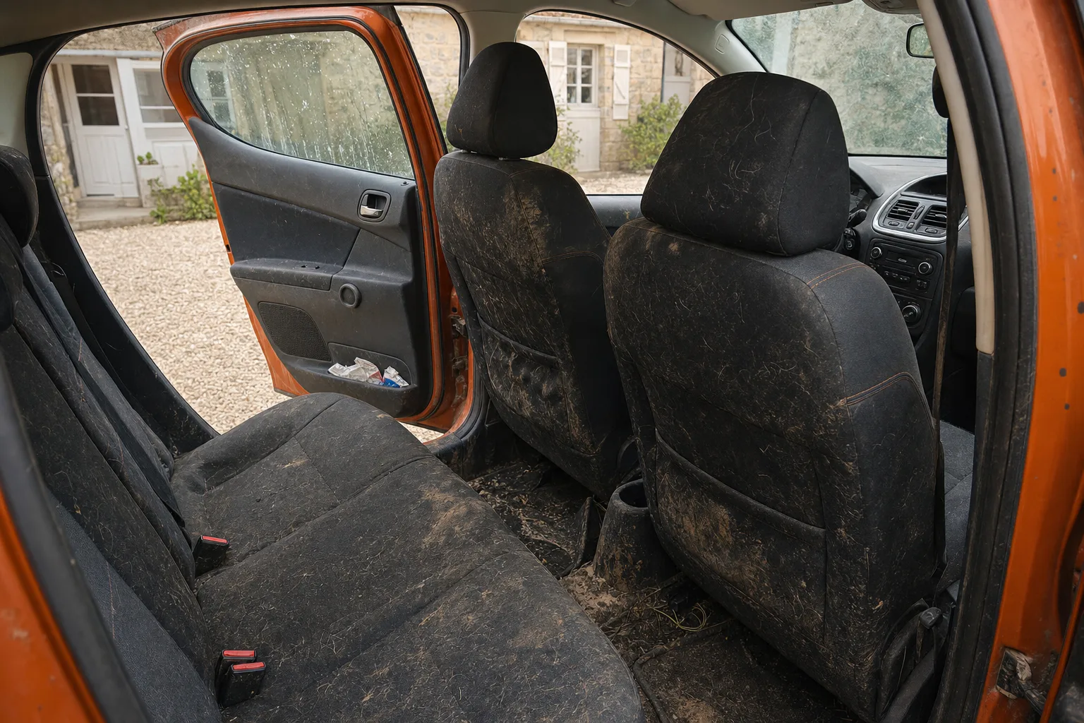 Nettoyage intérieur de voiture à domicile à Poitiers — habitacle avant intervention : sièges tachés, tapis maculés, déchets au sol.