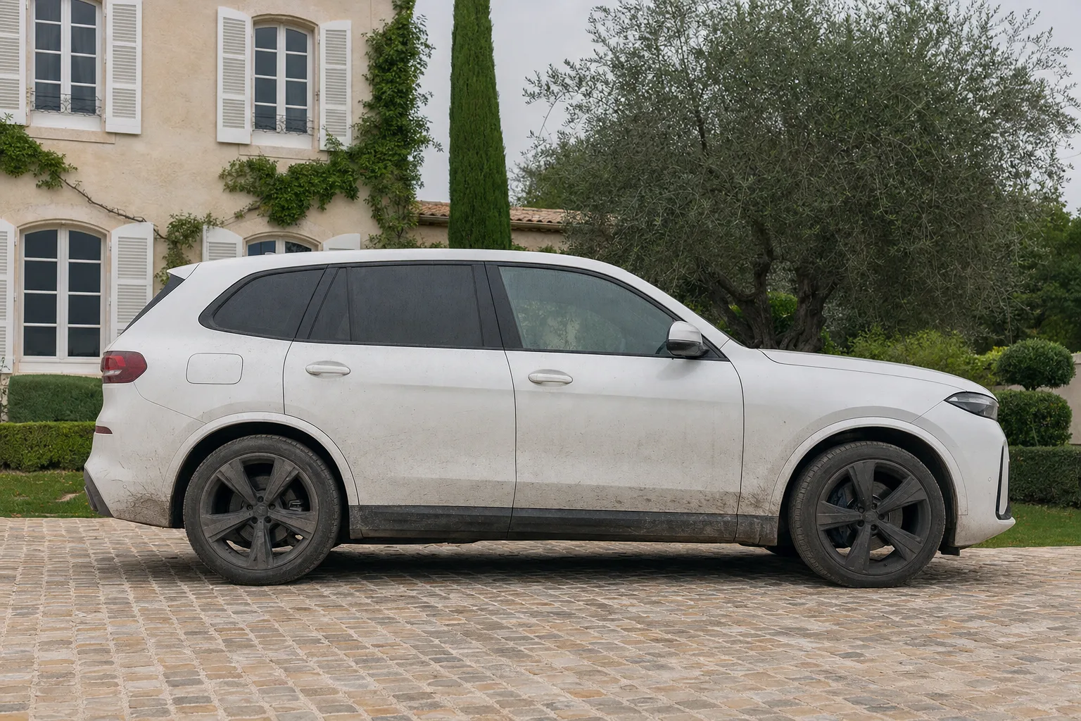 Lavage extérieur de voiture à domicile sur le secteur Nice - Cannes - Monaco — flanc avant intervention : carrosserie poussiéreuse, bas de caisse sale, jante noircie.