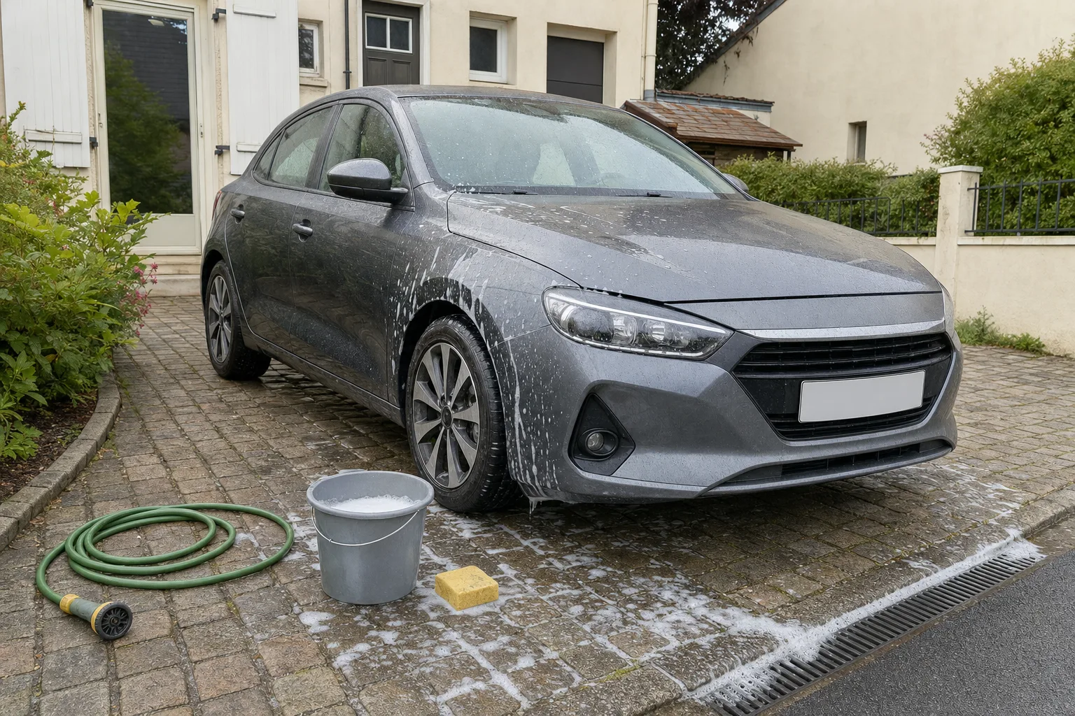 Lavage d'une voiture au seau et à l'éponge dans la cour pavée d'une maison, l'eau savonneuse s'écoulant vers une grille d'évacuation.