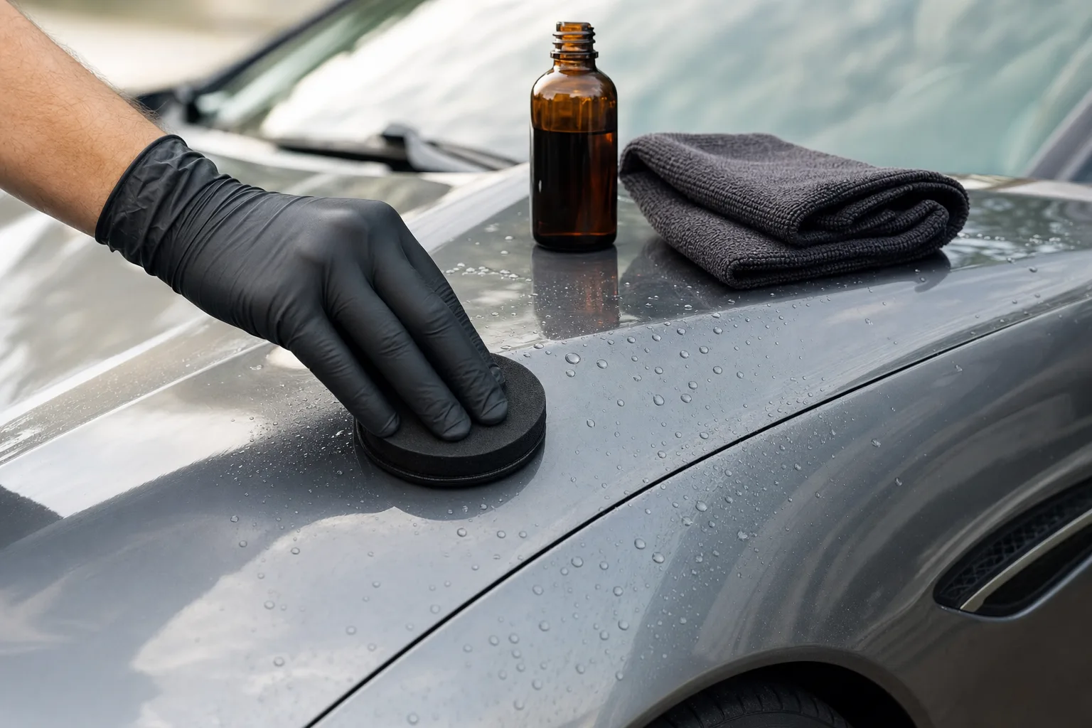 Application d'un produit de protection au tampon applicateur sur la carrosserie d'une voiture, gouttes d'eau perlant sur la peinture.