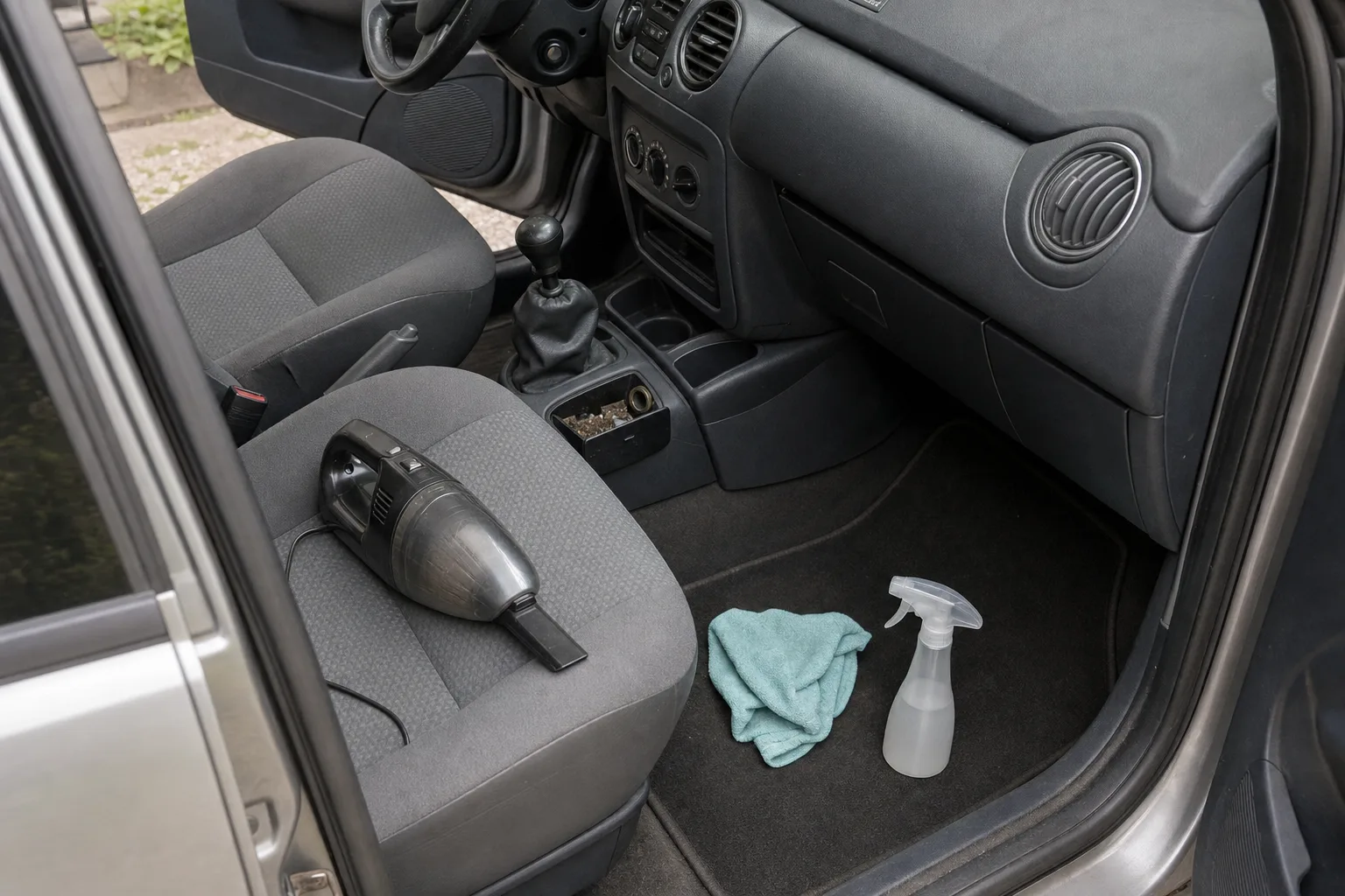 Habitacle de voiture portieres ouvertes, cendrier sale, aspirateur a main et vaporisateur poses sur le siege pour traiter les odeurs.