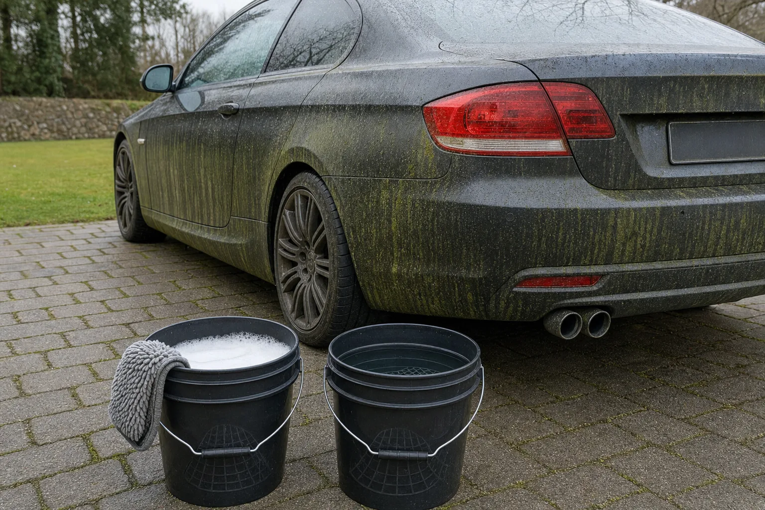 Methode des deux seaux devant une voiture couverte de mousse : un seau d'eau savonneuse, un seau de rincage et un gant en microfibre.