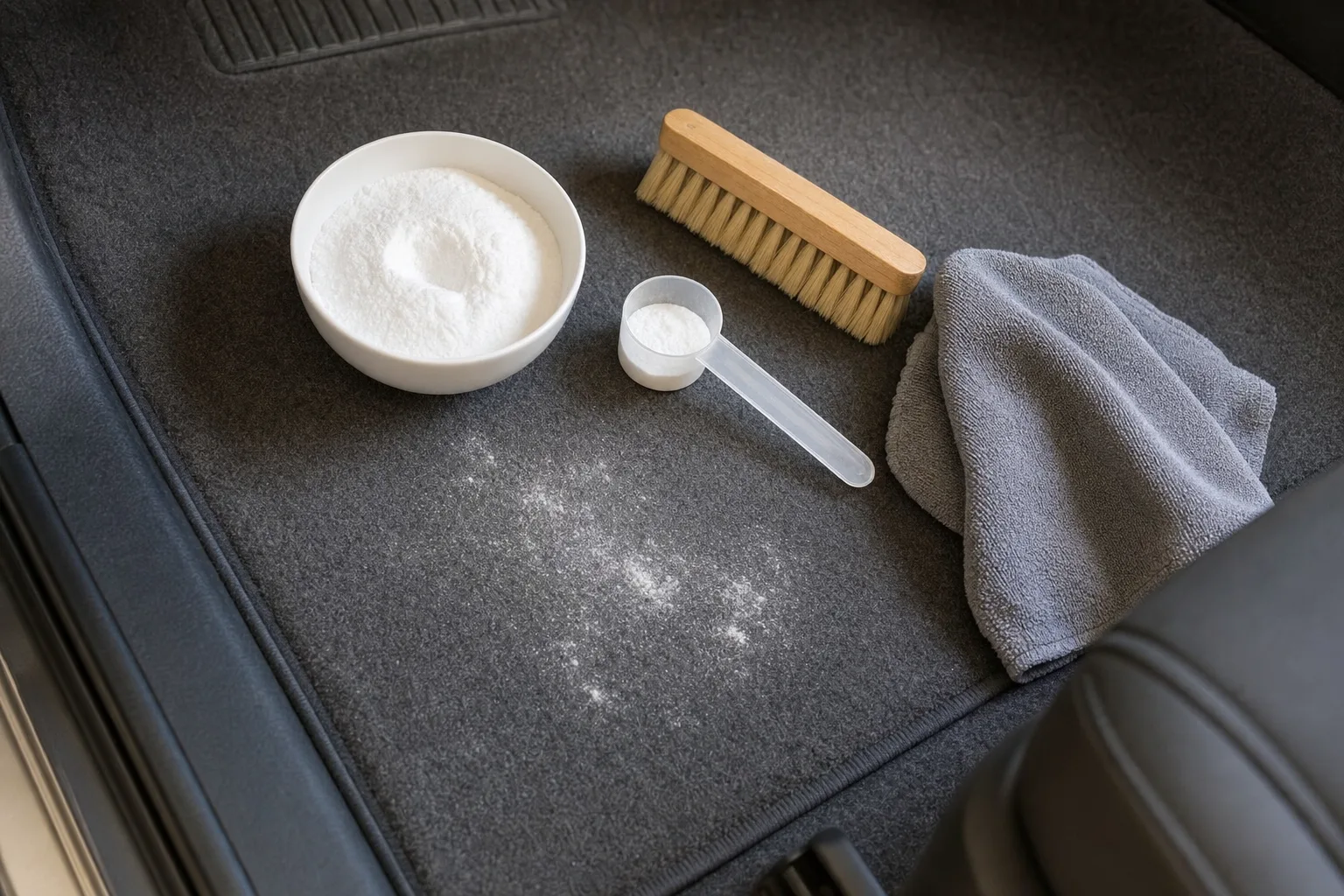 Bol de poudre blanche, cuillere doseuse, brosse souple et chiffon poses sur le tapis de sol d'une voiture.