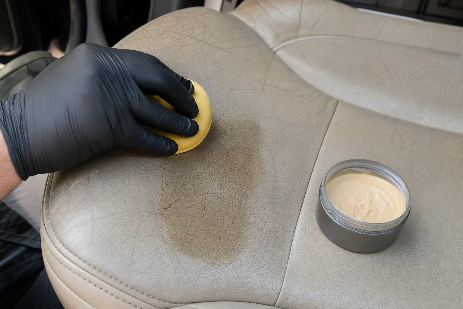 Application d'une creme d'entretien a l'eponge sur un siege de voiture en cuir beige craquele.