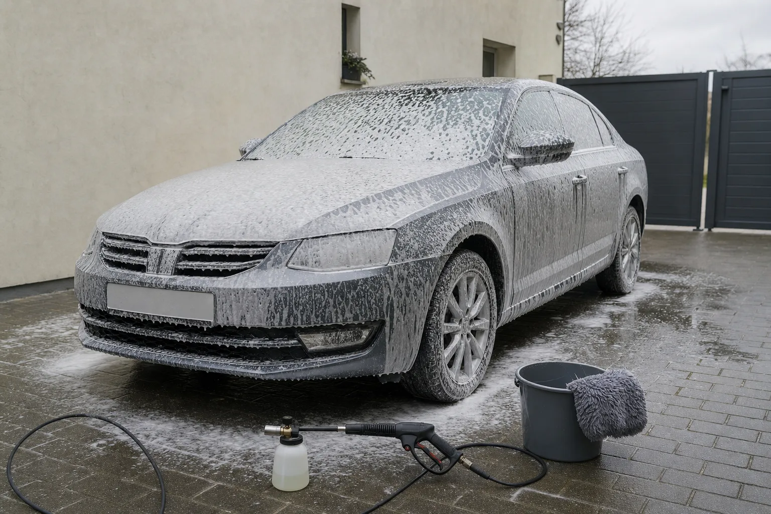 Berline couverte de mousse dans une cour pavee, avec un nettoyeur haute pression, un seau et un gant de lavage.