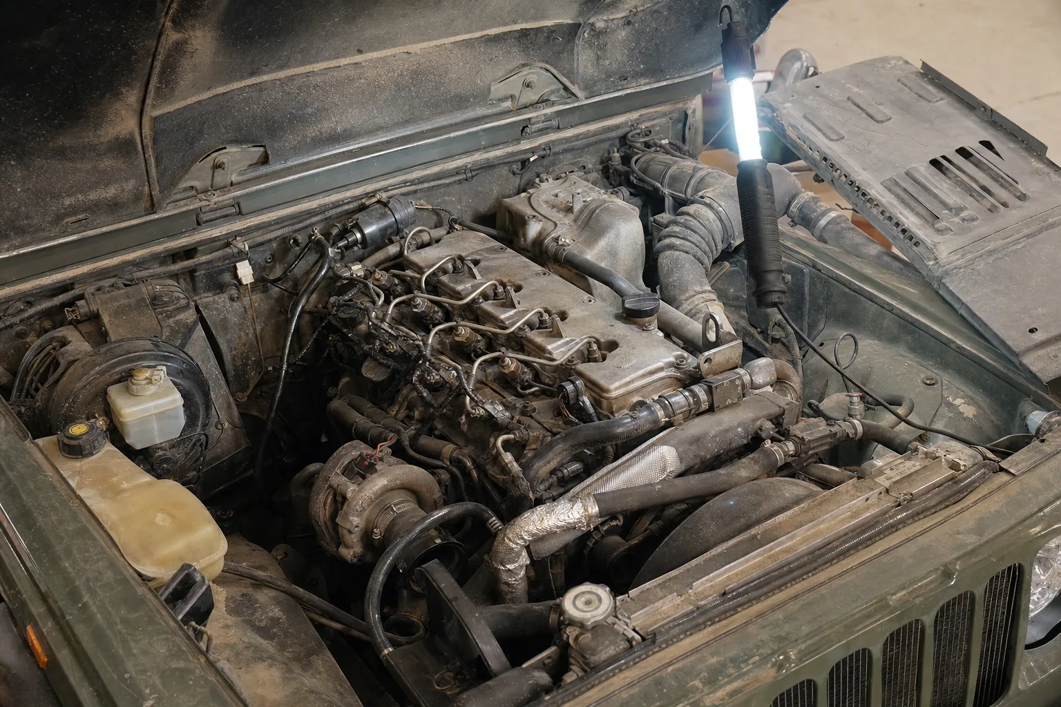 Compartiment moteur ouvert d'un véhicule tout-terrain, moteur diesel quatre cylindres avec rampe d'injection et turbo visibles.