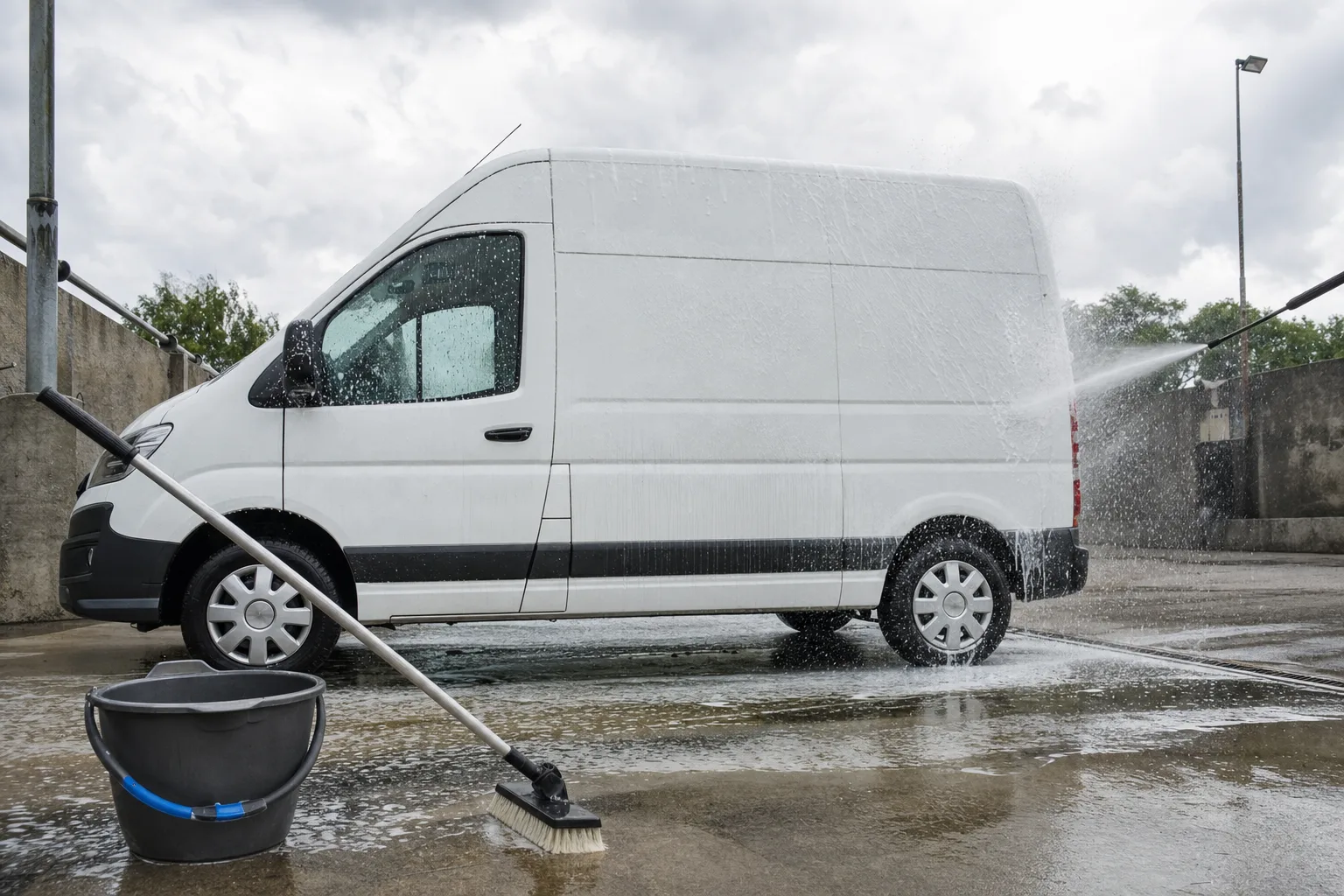 Camionnette utilitaire blanche couverte de mousse pendant un lavage haute pression sur une aire en béton.