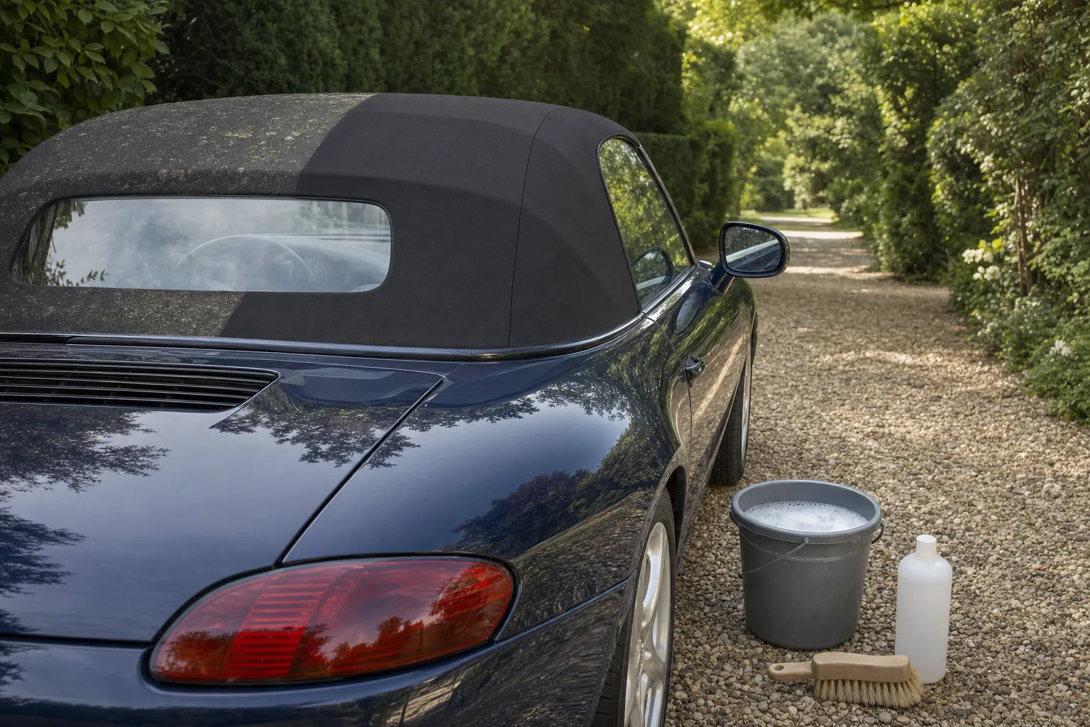 Capote en toile de cabriolet à moitié nettoyée, avec brosse douce et seau d'eau savonneuse.