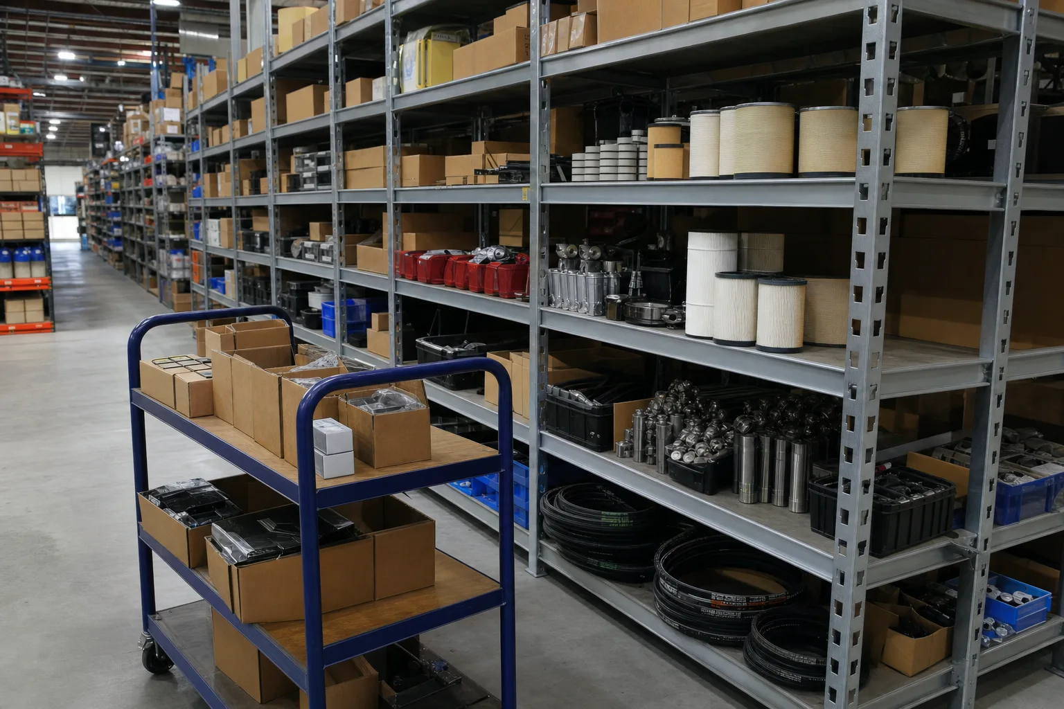 Rayonnage d'entrepôt de pièces détachées mécaniques : cartons, bacs de visserie, filtres et courroies.