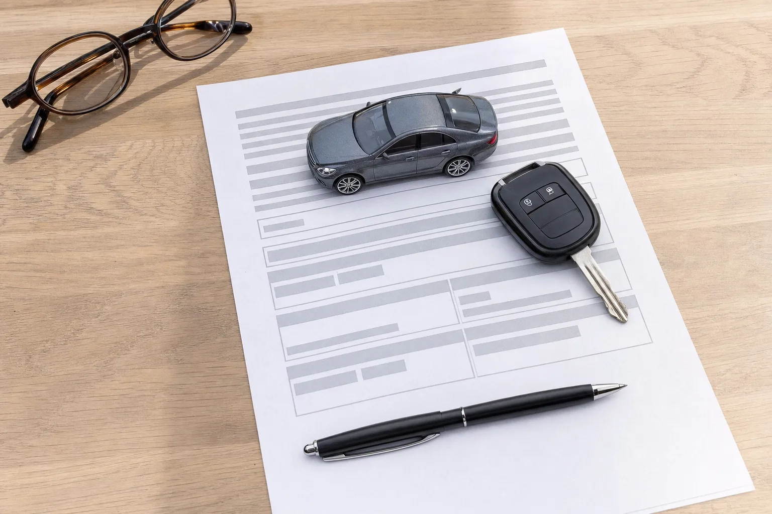 Formulaire d'assurance, stylo, clé de voiture et petite voiture miniature posés sur une table.