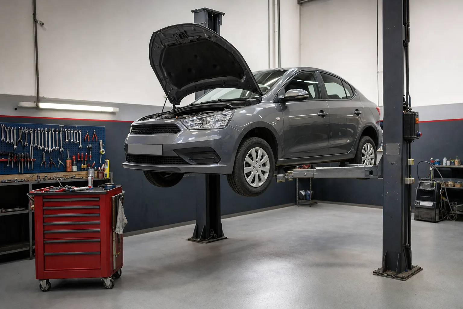 Petit garage avec une berline sur un pont élévateur, une servante d'outils et des outils accrochés au mur.