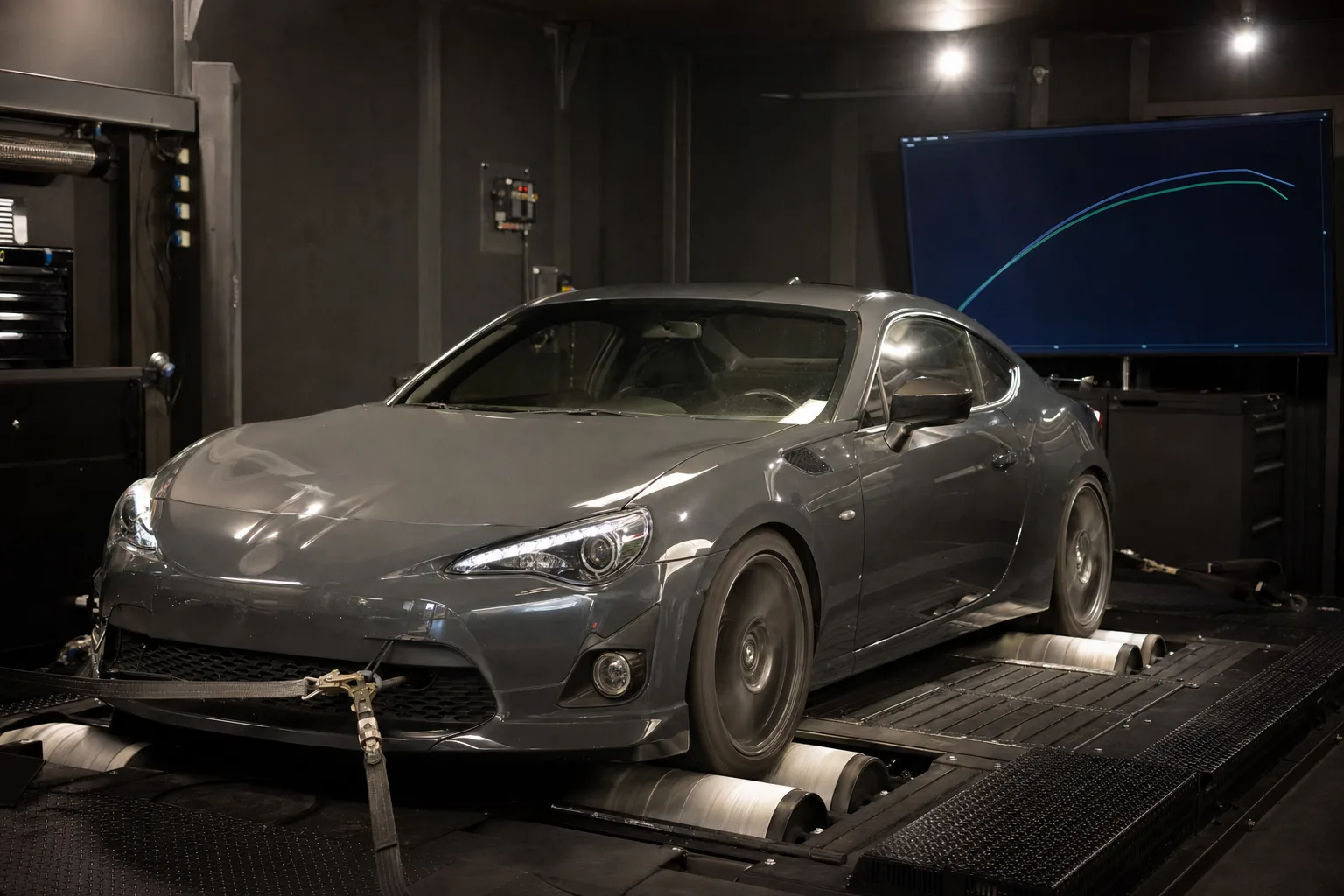 Voiture sportive sur un banc de puissance à rouleaux, avec un écran affichant une courbe de performance.