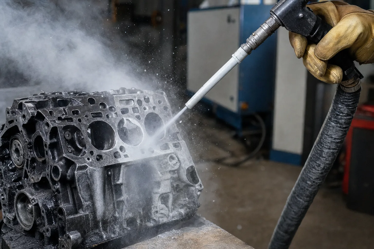 Buse de glace carbonique nettoyant un bloc moteur encrassé, nuage de vapeur blanche et aluminium propre.